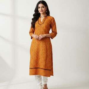 Indian Women's Burnt Orange Floral Prints Sequins Kurta Kurti Top Tunic Dress L